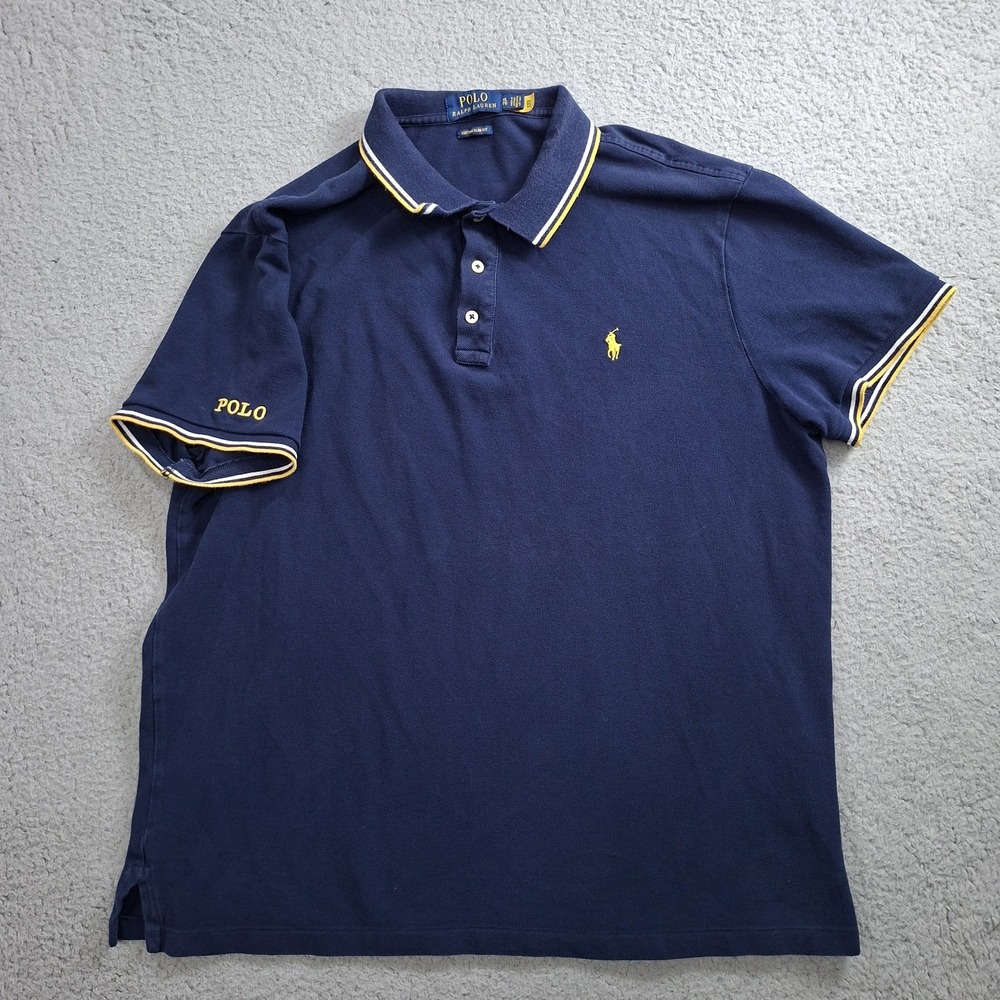 Polo Ralph Lauren Mens XL Custom Slim Fit Polo Shirt Blue Logo Sleeve Stripes